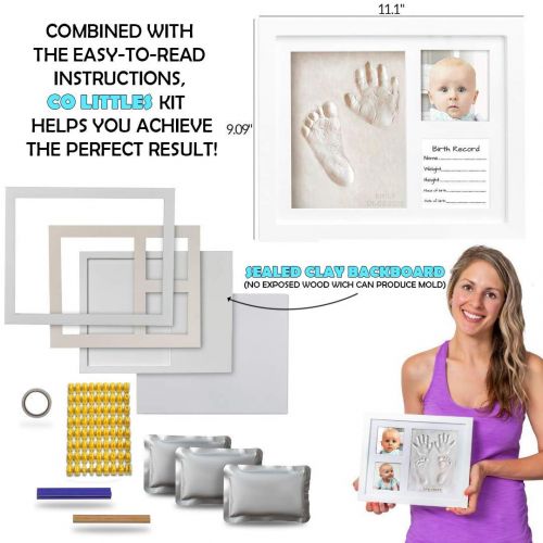  Co Little Baby Handprint & Footprint Kit (Date & Name Stamp) Clay Hand Print Picture Frame for Newborn - Best New Mom Gift - Foot Impression Photo Keepsake for Girl & Boy - White F