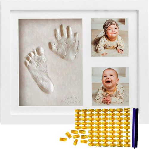  Co Little Baby Handprint & Footprint Kit (Date & Name Stamp) Clay Hand Print Picture Frame for Newborn - Best New Mom Gift - Foot Impression Photo Keepsake for Girl & Boy - White F