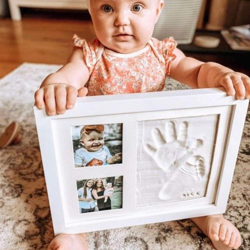  Co Little Baby Handprint & Footprint Kit (Date & Name Stamp) Clay Hand Print Picture Frame for Newborn - Best New Mom Gift - Foot Impression Photo Keepsake for Girl & Boy - White F