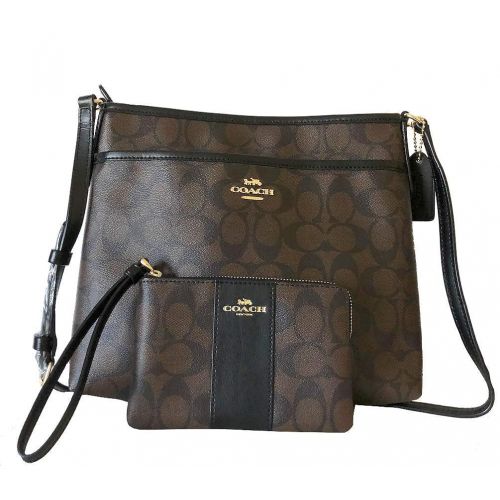  New Coach C Signature Purse Crossbody Wristlet Matching 2 Piece Set Brown Black