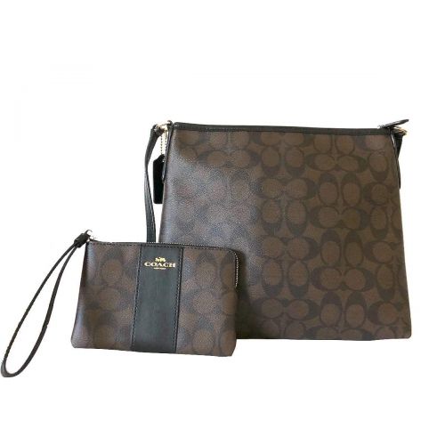  New Coach C Signature Purse Crossbody Wristlet Matching 2 Piece Set Brown Black