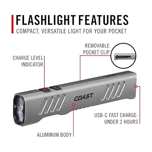  Coast Slayer 1150 Lumen USB-C Rechargeable LED Flashlight with Spot/Flood, Memory Mode and Pocket Clip, Silver