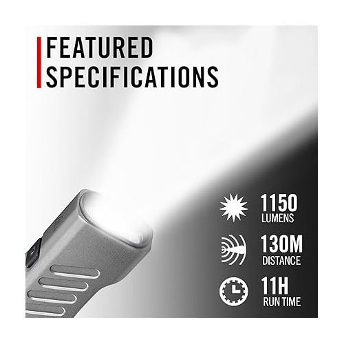  Coast Slayer 1150 Lumen USB-C Rechargeable LED Flashlight with Spot/Flood, Memory Mode and Pocket Clip, Silver