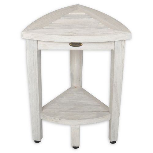  Coastal Vogue Teak Compact Shower Corner Bench with Shelf in Off White