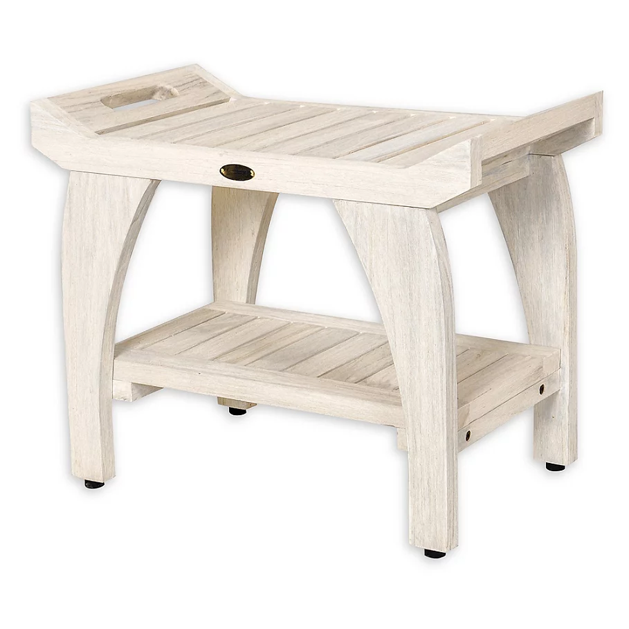  Coastal Vogue Tranquility Teak Bench with Shelf and LiftAide Arms in Off White