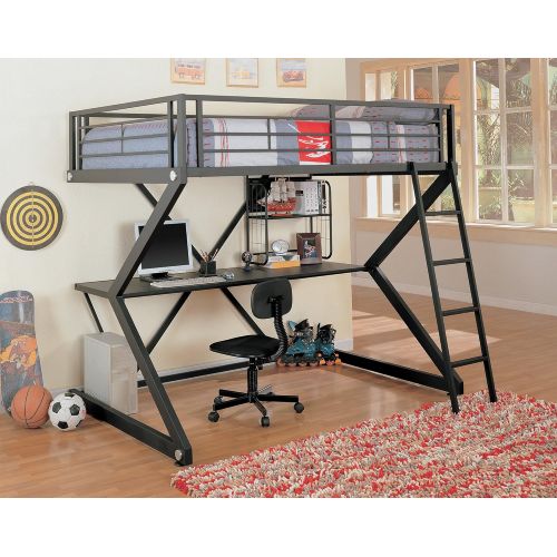  Coaster Home Furnishings Coaster Bunks Collection 460092 Full Workstation Twin Size Loft Bed with Full Length Guard Rail Sigma Design Desk Storage Shelf and Metal Construction in Black