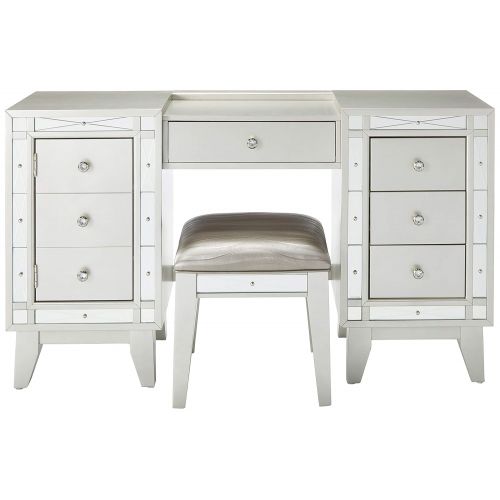  Coaster Home Furnishings Coaster 204927-CO Leighton Collection 55 Vanity Desk and Stool with 7 Drawers Crystal Knobs Etched Mirror Panels Pu Leather Seat Upholstery and Tapered Legs, Metallic Mercury