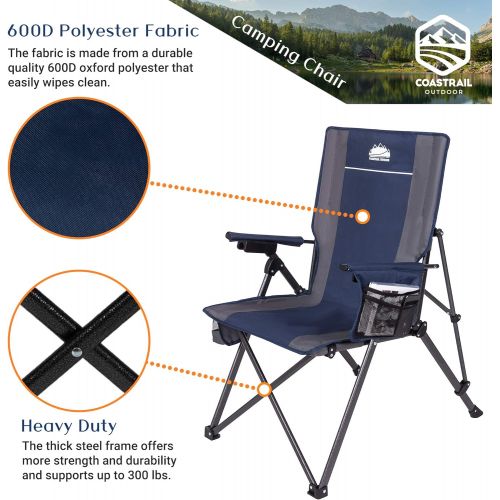  Coastrail Outdoor Reclining Camping Chairs Adjustable 3 Position Foldable Heavy Duty Steel 300 LBS Capacity for Adults Lounge with Cup Holder Storage Folding Camp Chair Lawn Patio