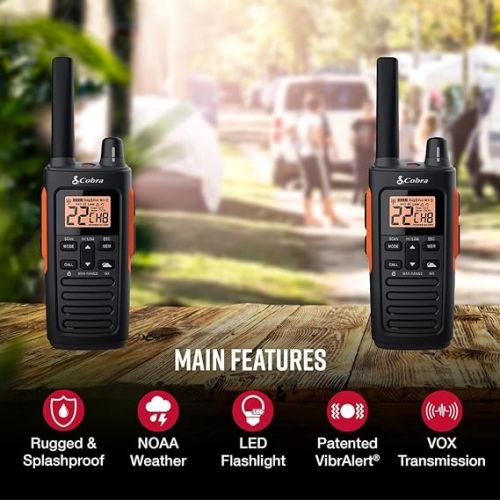 코브라 Cobra RX680 Waterproof Walkie Talkies for Adults - Rechargeable, 60 Preset Channels, Long Range 38-Mile Two-Way Radio Set (2-Pack),Black and Orange