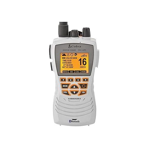 코브라 Cobra MR HH600WFLTBTGPS Handheld Floating VHF Radio 6 Watt, GPS, Bluetooth, Submersible, Noise Cancelling Mic, Backlit LCD Display, MemoryScan, White