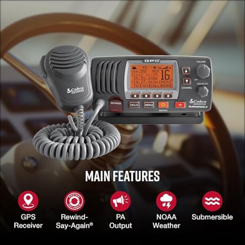 코브라 Cobra MR F77B GPS Fixed Mount VHF Marine Radio - 25 Watt VHF, Built-In GPS Receiver, Submersible, LCD Display, Noise Cancelling Mic, NOAA Weather, Signal Strength Meter, Scan Channels, Black/Grey