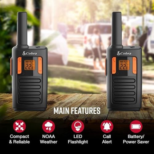 코브라 Cobra RX180 Walkie Talkies - 18-Mile Long Range Signal, 22 Preset Channels, NOAA Weather Alerts, 10 Call Tones, Voice-Activated, Compact and Reliable, 2-Pack, Orange/Black