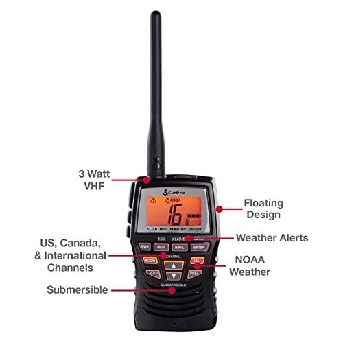 코브라 Cobra Marine Radio - MR HH150 FLT - 3 Watt, Floating, Long Range, Handheld, VHF Radio, NOAA, International, Waterproof, Submersible, Weather Alerts, LCD Screen, Belt Clip