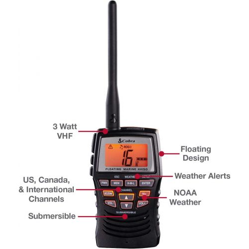 코브라 Cobra Marine Radio - MR HH150 FLT - 3 Watt, Floating, Long Range, Handheld, VHF Radio, NOAA, International, Waterproof, Submersible, Weather Alerts, LCD Screen, Belt Clip