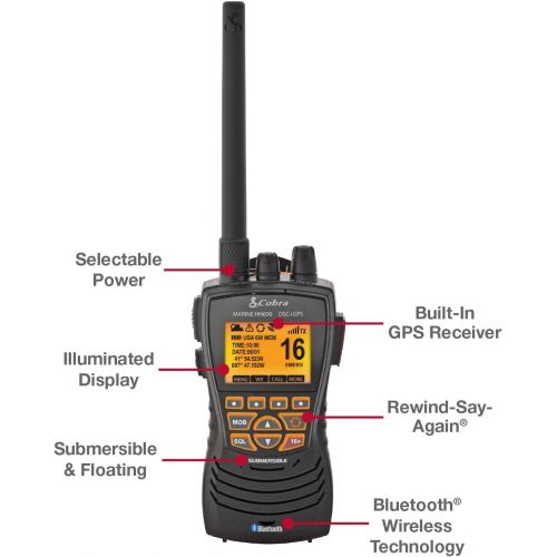 코브라 Cobra MR HH600FLTBTGPS Handheld Floating VHF Radio ? 6 Watt, GPS, Bluetooth, Submersible, Noise Cancelling Mic, Backlit LCD Display, Memory Scan, Grey