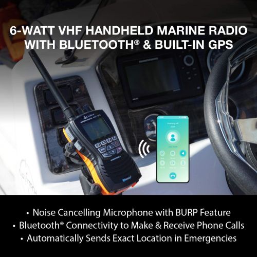 코브라 Cobra MR HH600FLTBTGPS Handheld Floating VHF Radio ? 6 Watt, GPS, Bluetooth, Submersible, Noise Cancelling Mic, Backlit LCD Display, Memory Scan, Grey