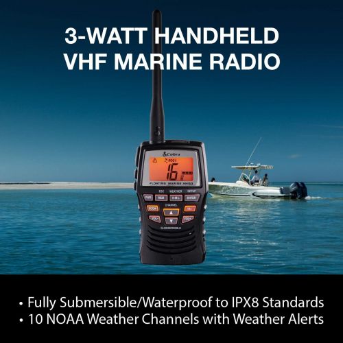 코브라 Cobra Marine Radio - MR HH150 FLT - 3 Watt, Floating, Long Range, Handheld, VHF Radio, NOAA, International, Waterproof, Submersible, Weather Alerts, LCD Screen, Belt Clip