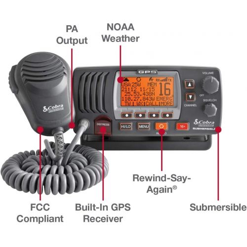 코브라 Cobra MR F77B GPS Fixed Mount VHF Marine Radio ? 25 Watt VHF, Built-In GPS Receiver, Submersible, LCD Display, Noise Cancelling Mic, NOAA Weather, Signal Strength Meter, Scan Chann