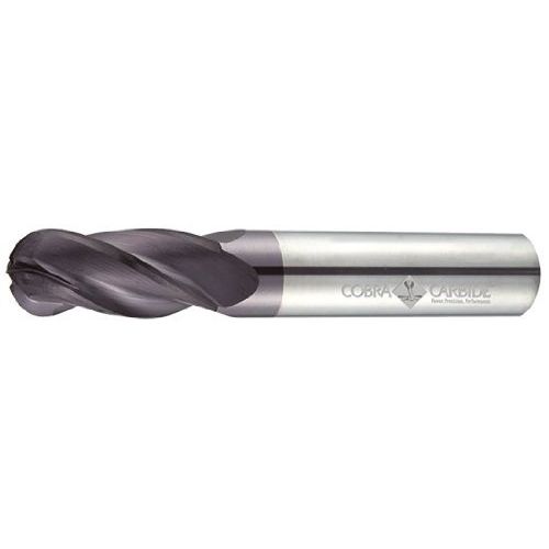 코브라 Cobra Carbide Micro Grain Solid Carbide Regular Length General End Mill, TiN Coated, 4 Flute, 30 Degrees Helix, Ball Nose End