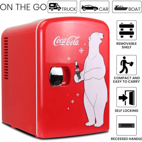  [아마존베스트]Coca-Cola New Red Polar Bear Portable 6 Can Thermoelectric Mini Fridge Cooler/Warmer, 4 L/4.2 Quarts Capacity, 12V DC/110V AC Plugs Included Great for Home, Dorm, Car, Boat, Bevera