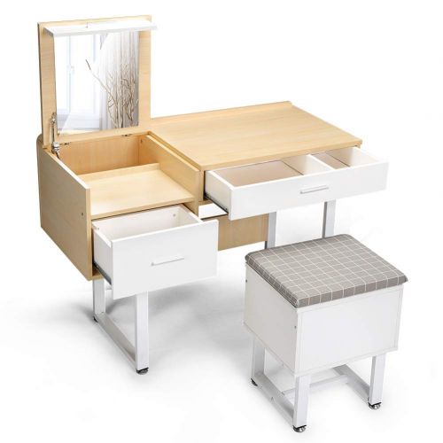  Cocoarm Vanity Table Set with Flip Top Mirror & Cushioned Storage Stool, Makeup Dressing Table with 2 Drawers, 6 Dividers Large Organizers, White Wooden Writing Desk & Chair