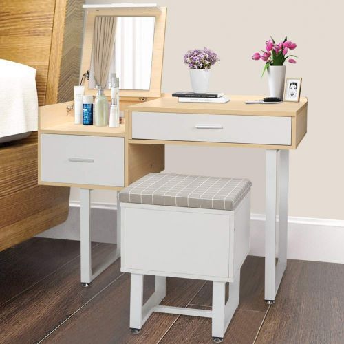  Cocoarm Vanity Table Set with Flip Top Mirror & Cushioned Storage Stool, Makeup Dressing Table with 2 Drawers, 6 Dividers Large Organizers, White Wooden Writing Desk & Chair
