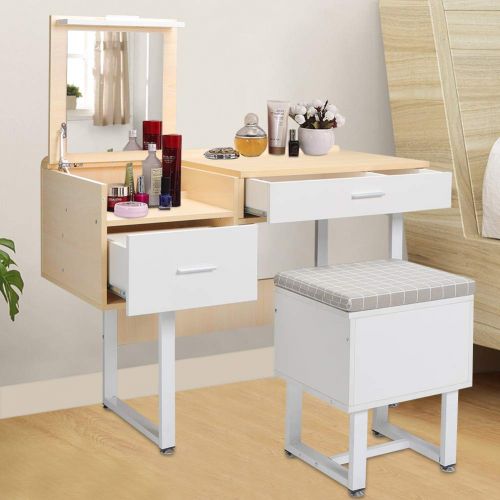  Cocoarm Vanity Table Set with Flip Top Mirror & Cushioned Storage Stool, Makeup Dressing Table with 2 Drawers, 6 Dividers Large Organizers, White Wooden Writing Desk & Chair