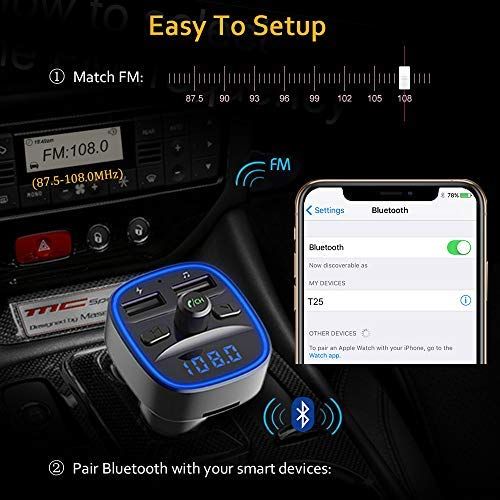  [아마존 핫딜]  [아마존핫딜]Cocoda Bluetooth FM Transmitter fuer Auto, Blaue Umgebende Leuchte Drahtloser Radio Kfz-Empfanger Adapter mit Freisprecheinrichtung, Dual USB Ladegerat 5V/2,4A und 5V/1A, SD-Karte,