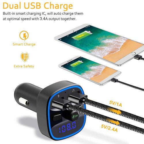  [아마존 핫딜]  [아마존핫딜]Cocoda Bluetooth FM Transmitter fuer Auto, Blaue Umgebende Leuchte Drahtloser Radio Kfz-Empfanger Adapter mit Freisprecheinrichtung, Dual USB Ladegerat 5V/2,4A und 5V/1A, SD-Karte,