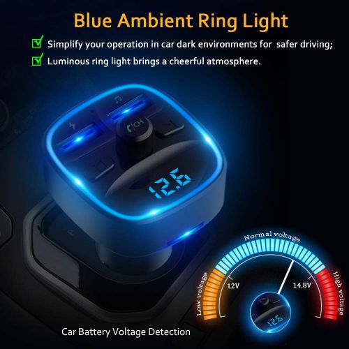  [아마존 핫딜]  [아마존핫딜]Cocoda Bluetooth FM Transmitter fuer Auto, Blaue Umgebende Leuchte Drahtloser Radio Kfz-Empfanger Adapter mit Freisprecheinrichtung, Dual USB Ladegerat 5V/2,4A und 5V/1A, SD-Karte,