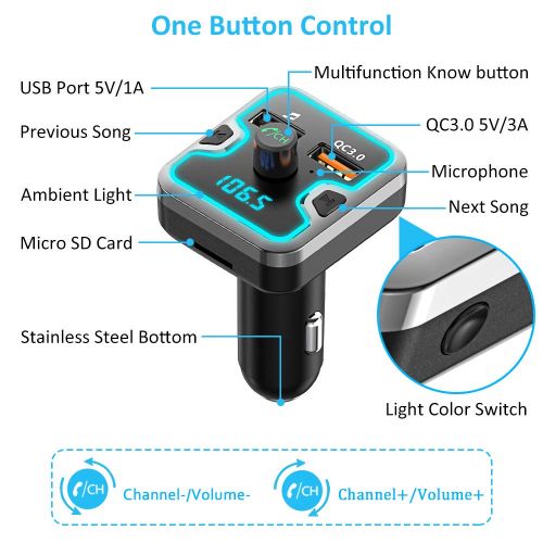  [아마존 핫딜]  [아마존핫딜]FM Transmitter Auto Bluetooth, Cocoda Fm Transmitter mit 7 Farben LED, Bluetooth Transmitter Freisprecheinrichtung, Ladegerat Auto GPS QC3.0, Bluetooth 5.0, Unterstuetzt USB-Stick,