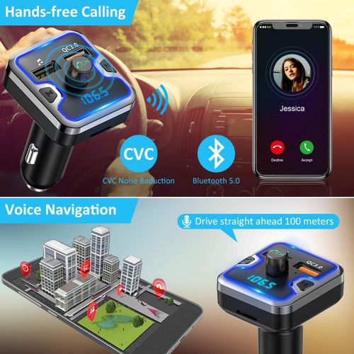  [아마존 핫딜]  [아마존핫딜]FM Transmitter Auto Bluetooth, Cocoda Fm Transmitter mit 7 Farben LED, Bluetooth Transmitter Freisprecheinrichtung, Ladegerat Auto GPS QC3.0, Bluetooth 5.0, Unterstuetzt USB-Stick,