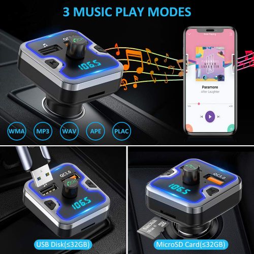  [아마존 핫딜]  [아마존핫딜]FM Transmitter Auto Bluetooth, Cocoda Fm Transmitter mit 7 Farben LED, Bluetooth Transmitter Freisprecheinrichtung, Ladegerat Auto GPS QC3.0, Bluetooth 5.0, Unterstuetzt USB-Stick,