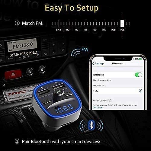  [아마존베스트]-Service-Informationen Cocoda Bluetooth FM Car Transmitter, Blue Ambient Light, Wireless Radio Car Receiver Adapter with Hands-Free Kit, Dual USB Charger 5 V/2.4 A and 5 V/1 A, SD Card, USB Disk