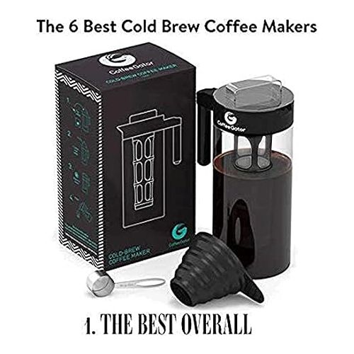  Coffee Gator Cold Brew Coffee Maker - 47 oz Iced Tea and Cold Brew Maker and Pitcher w/Glass Carafe, Filter, Funnel & Measuring Scoop - Black