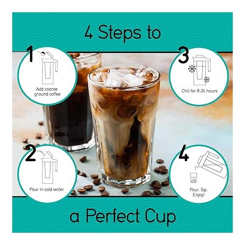  Coffee Gator Cold Brew Coffee Maker - 47 oz Iced Tea and Cold Brew Maker and Pitcher w/Glass Carafe, Filter, Funnel & Measuring Scoop - Black
