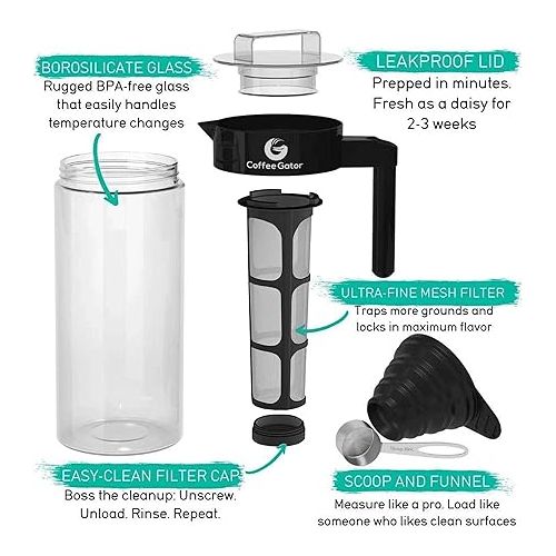  Coffee Gator Cold Brew Coffee Maker - 47 oz Iced Tea and Cold Brew Maker and Pitcher w/Glass Carafe, Filter, Funnel & Measuring Scoop - Black