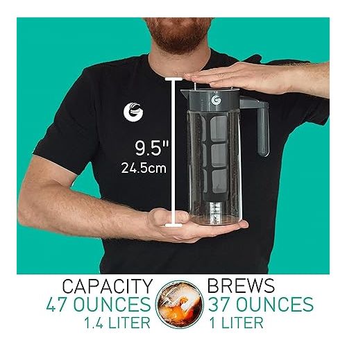  Coffee Gator Cold Brew Coffee Maker - 47 oz Iced Tea and Cold Brew Maker and Pitcher w/Glass Carafe, Filter, Funnel & Measuring Scoop - Black