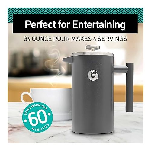  Coffee Gator French Press Coffee Maker - Thermal Insulated Brewer Plus Travel Jar - Large Capacity, Double Wall Stainless Steel - 34oz - Gray