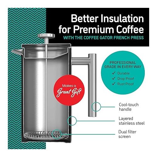  Coffee Gator French Press Coffee Maker - Thermal Insulated Brewer Plus Travel Jar - Large Capacity, Double Wall Stainless Steel - 34oz - Gray