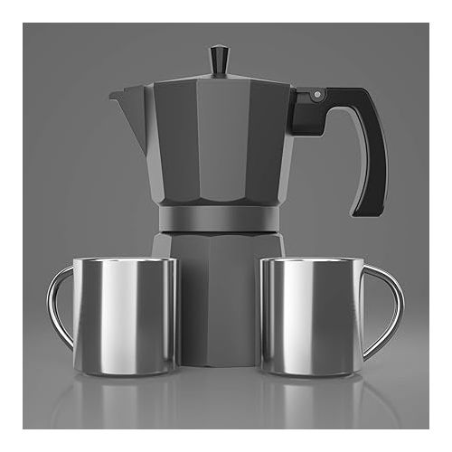  Coffee Gator Moka Pot - 6 Cup, Stovetop Espresso Maker - Classic Italian and Cuban Coffee Percolator w/ 2 Stainless-Steel Cups - Matte Grey Aluminum