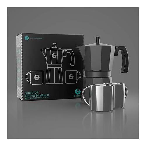  Coffee Gator Moka Pot - 6 Cup, Stovetop Espresso Maker - Classic Italian and Cuban Coffee Percolator w/ 2 Stainless-Steel Cups - Matte Grey Aluminum