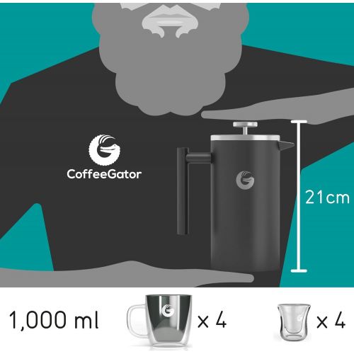  Coffee Gator French-Press-Kaffeebereiter  Heisser-fuer-Langer-Thermobrueher  Plus Reiseglas  Grosse Kapazitat, doppelwandig isoliert, spuelmaschinengeeigneter Edelstahl  1 Liter  G