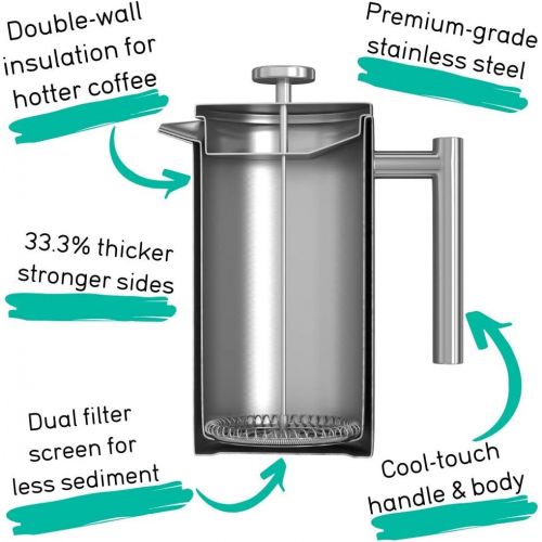  [아마존 핫딜]  [아마존핫딜]Coffee Gator French Press Coffee Maker - Less Sediment, Hotter-for-Longer Thermal Brewer - Plus Travel Jar - Large Capacity, Double-Wall Insulated Stainless Steel - 34 Ounce - Silv