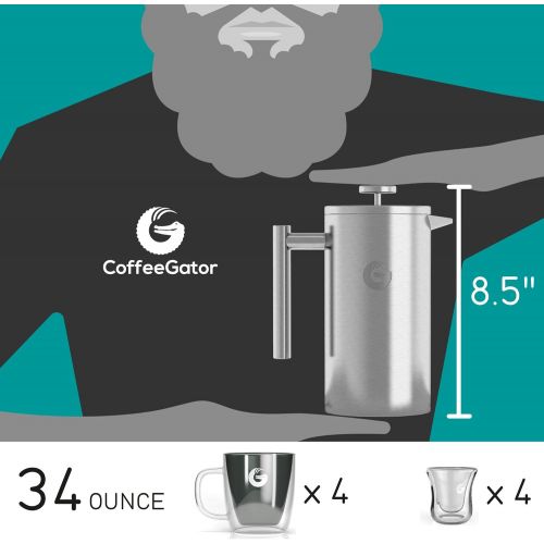  [아마존 핫딜]  [아마존핫딜]Coffee Gator French Press Coffee Maker - Less Sediment, Hotter-for-Longer Thermal Brewer - Plus Travel Jar - Large Capacity, Double-Wall Insulated Stainless Steel - 34 Ounce - Silv