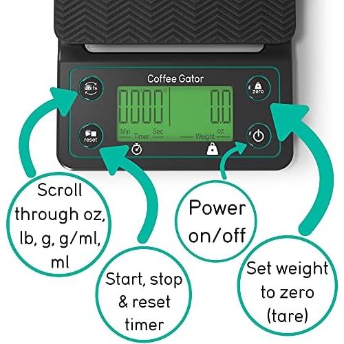  Coffee Gator Digitale Kaffeewaage mit Timer  Grosses, helles LCD-Display  Multifunktionswaage fuer die Zubereitung von Kaffee, Speisen, Getranken und dem allgemeinen Gebrauch in de