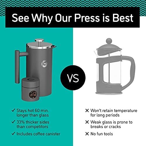  Coffee Gator French Press Kaffeemaschine  Heisser-fuer-langer Thermobrueher mit weniger Ablagerungen  Plus Behalter  Grosses Fassungsvermoegen, doppelwandig isoliert  Edelstahl  1