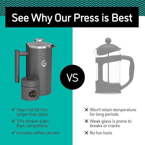  Coffee Gator French Press Kaffeemaschine  Heisser-fuer-langer Thermobrueher mit weniger Ablagerungen  Plus Behalter  Grosses Fassungsvermoegen, doppelwandig isoliert  Edelstahl  1