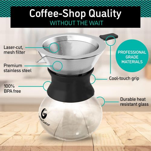  Coffee Gator Pour Over Kaffeebrueher  Mehr Geschmack mit einem papierlosen Edelstahlfilter und Einer Glaskaraffe  Manueller Drip Kaffeebereiter  300 ml