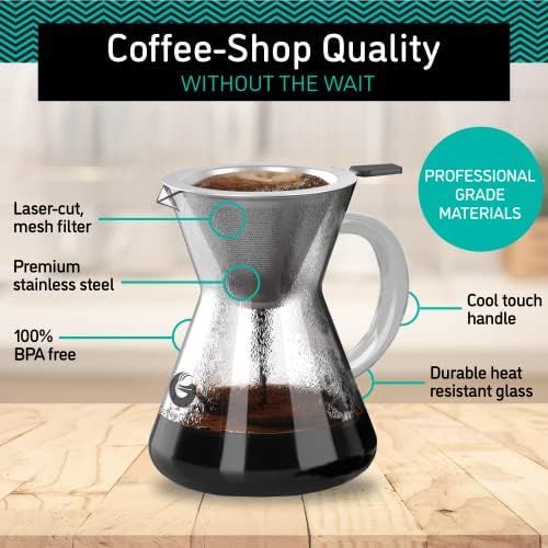  Coffee Gator Pour Over Kaffeebrueher  Mehr Geschmack mit einem papierlosen Edelstahlfilter und einer Glaskaraffe  Manueller Drip Kaffeebereiter  400 ml